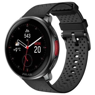 A black smart sports watch displaying time, date, altitude, and temperature. Features include weather widget and red side button.