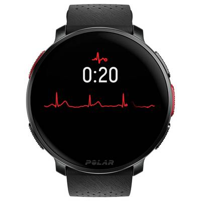 A black round smartwatch displays a 20-second timer and a red heart rate graph, indicating heart rate monitoring functionality.