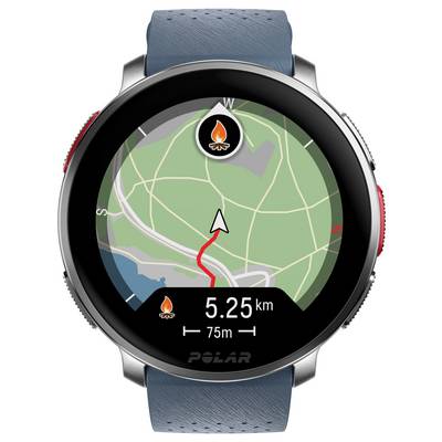 'Smartwatch with a navigation display shows a map with a red route line, distance of 5.25 km, and direction arrow, indicating course.'