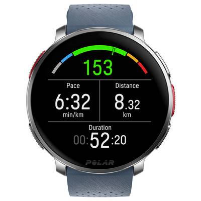 Smartwatch display showing heart rate of 153 BPM in green, pace 6:32 min/km, distance 8.32 km, and duration 52:20.