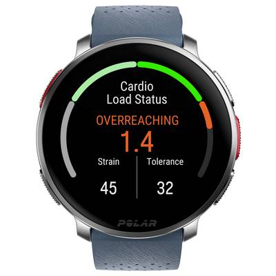Smartwatch face showing "Cardio Load Status" with a red-orange arc indicating "Overreaching: 1.4", strain score 45, tolerance 32.