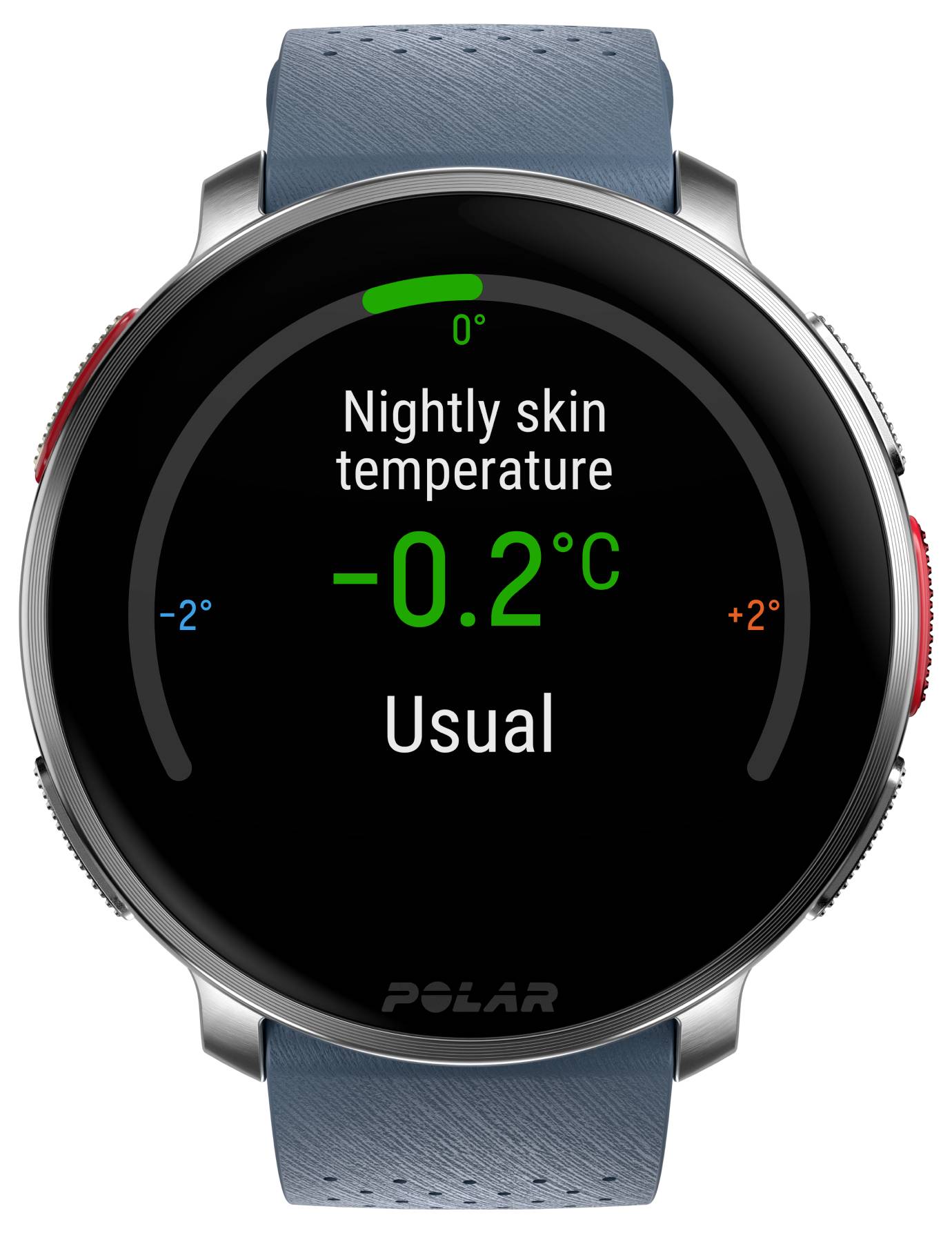 Smartwatch display showing 'Nightly skin temperature -0.2°C', status as 'Usual', with a blue indicator on the left and red on the right.