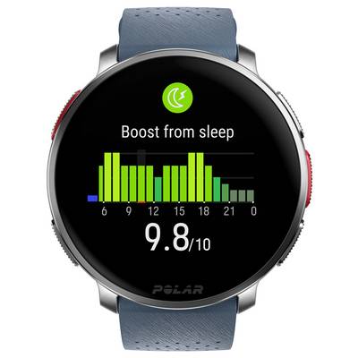 Smartwatch display showing 'Boost from sleep' with a green bar graph indicating sleep quality scores throughout the night, total score 9.8/10.