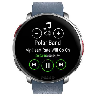 A smartwatch displaying a music player interface with 'Polar Band' song 'My Heart Rate Will Go On,' elapsed time 3:15 of 4:29.