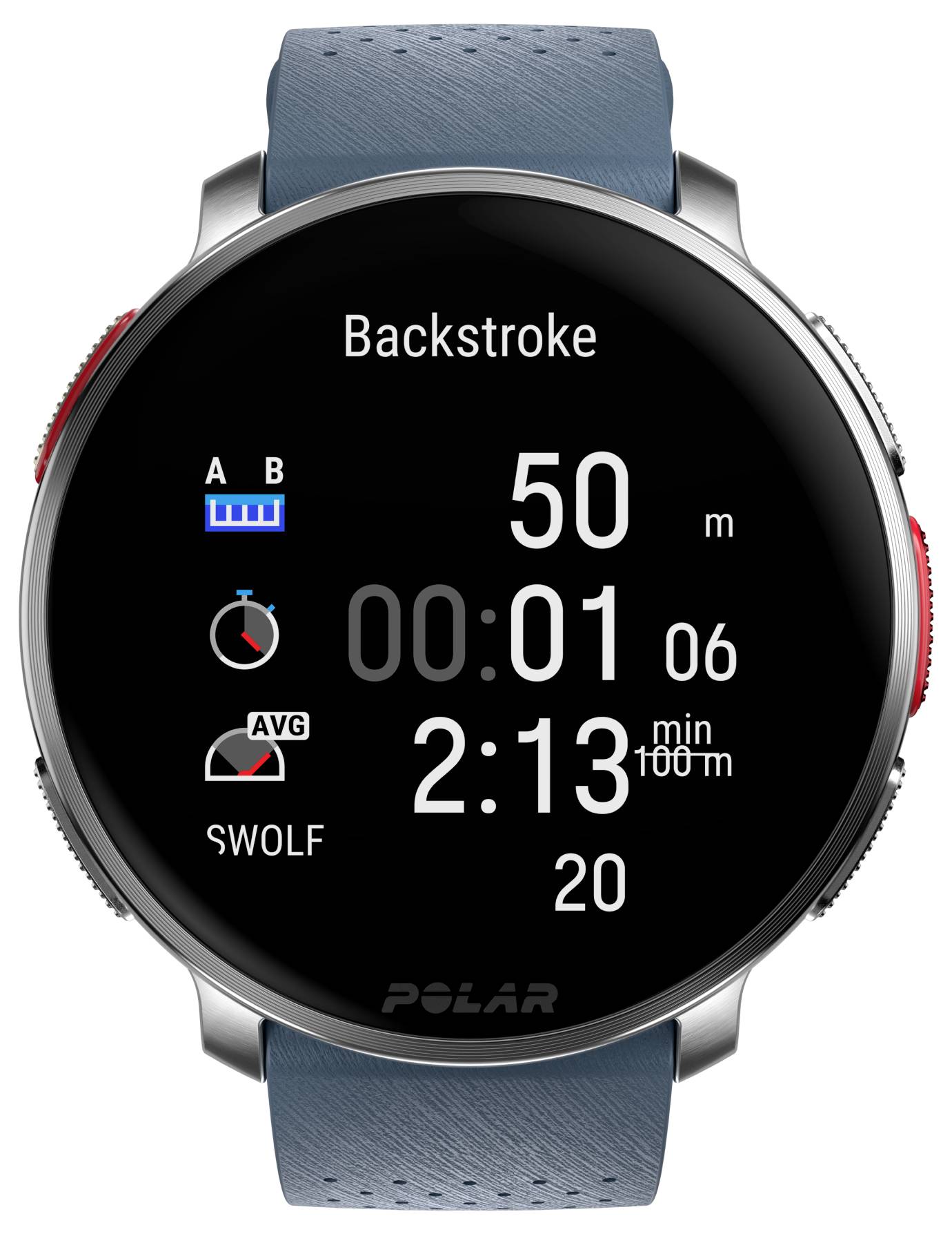 Smartwatch displaying swim data: 'Backstroke', 50m distance, 1:06 duration, 2:13 average pace per 100m, SWOLF score of 20.