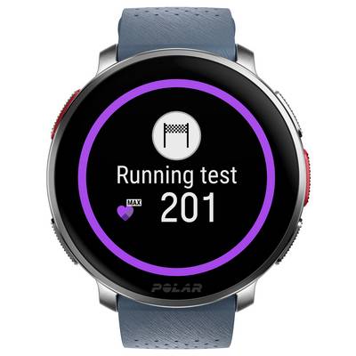 Smartwatch displaying 'Running test 201' with a checkered flag icon and heart rate symbol, indicating a fitness test mode.