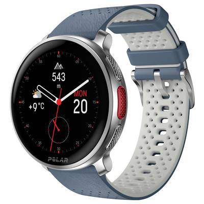 A smart sports watch showing a digital display with time, date, weather, step count, and known brand logo, against a white background.