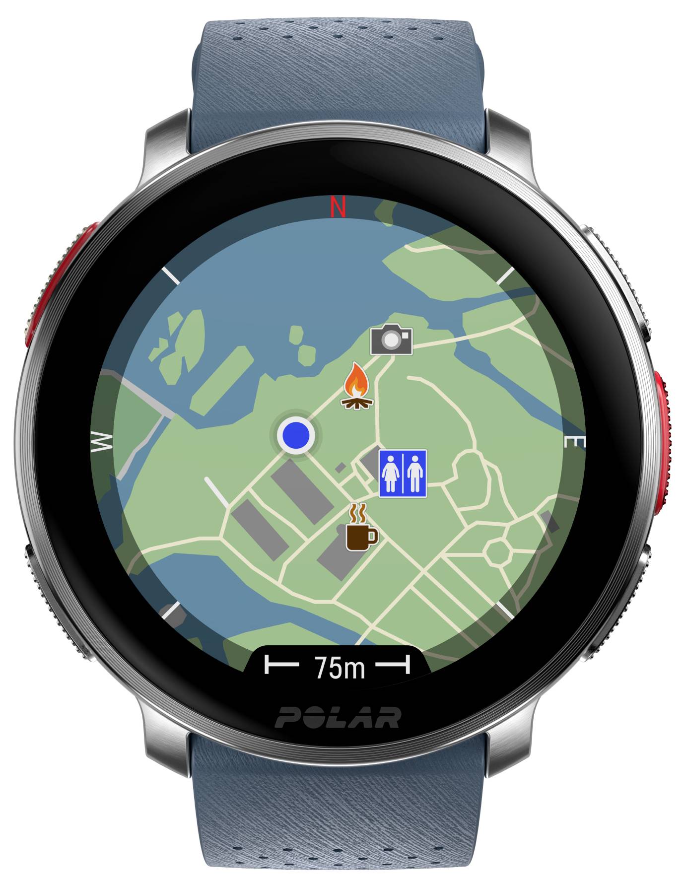 A smartwatch screen displays a map with a user's blue location dot, nearby restroom icon, coffee shop, and campfire symbols, indicating a 75m distance.