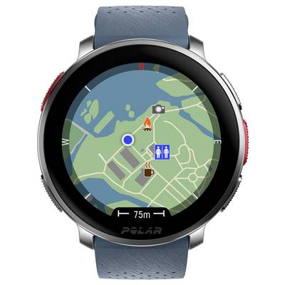 A smartwatch screen displays a map with a user's blue location dot, nearby restroom icon, coffee shop, and campfire symbols, indicating a 75m distance.