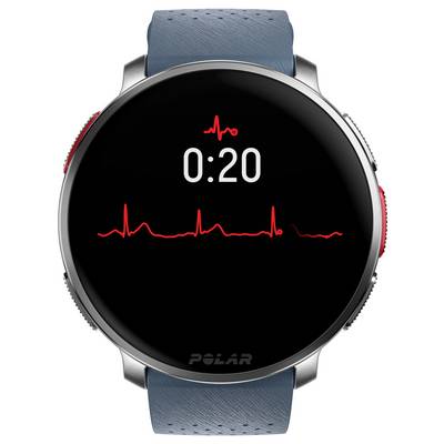 A smartwatch display showing a timer at '0:20' and a red line graph depicting a heart rate, indicating an active heart monitoring feature.
