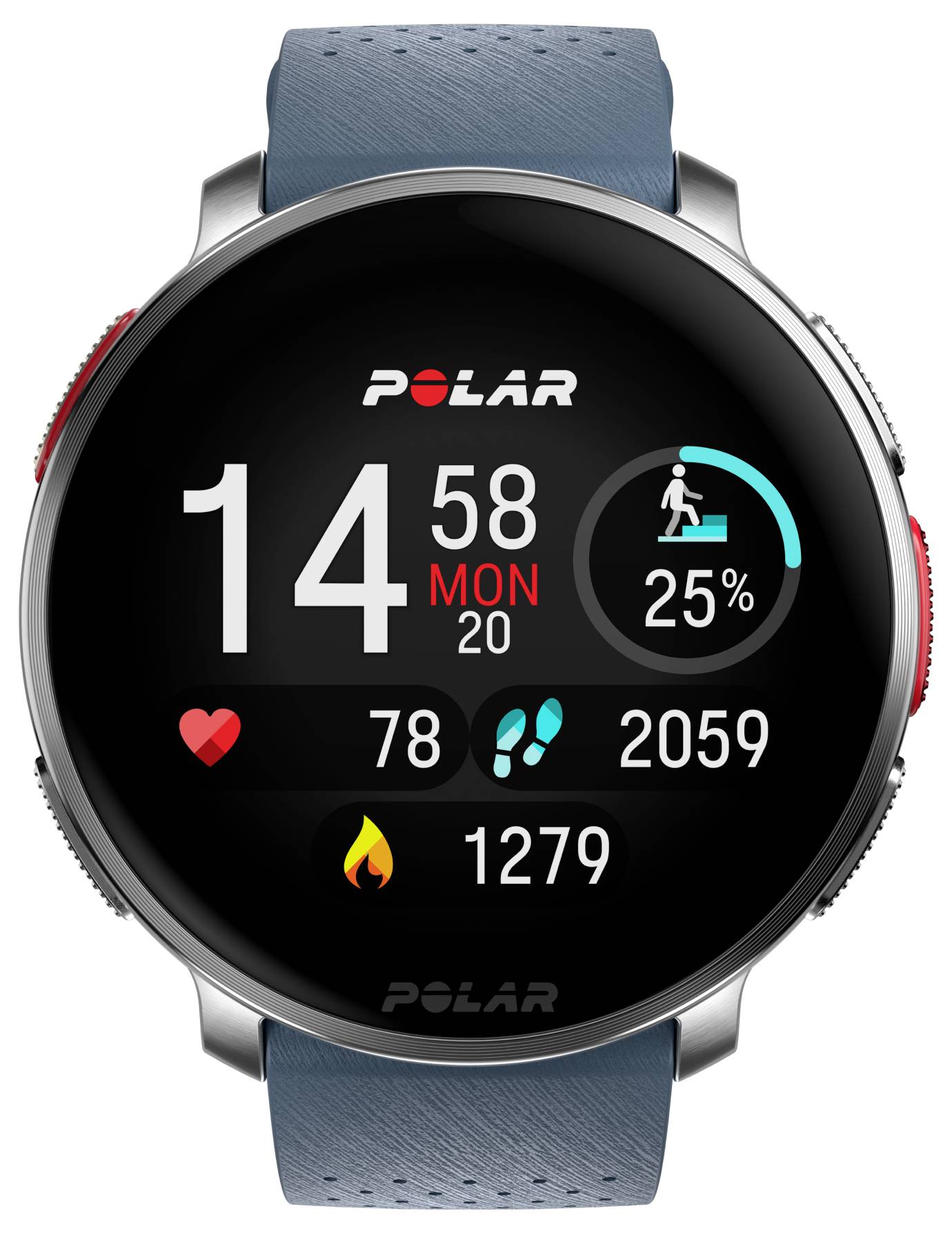A smartwatch displaying time '14:58', date 'Mon 20', heart rate '78', steps '2059', and calories '1279'. Fitness and activity data shown.