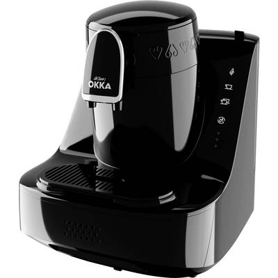 A black coffee machine with a sleek design, featuring a large spout and buttons for various coffee options on the side.