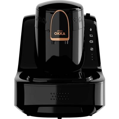 A sleek black Arzum OKKA coffee machine with heart symbols, featuring cup size and strength adjustment buttons on the side.