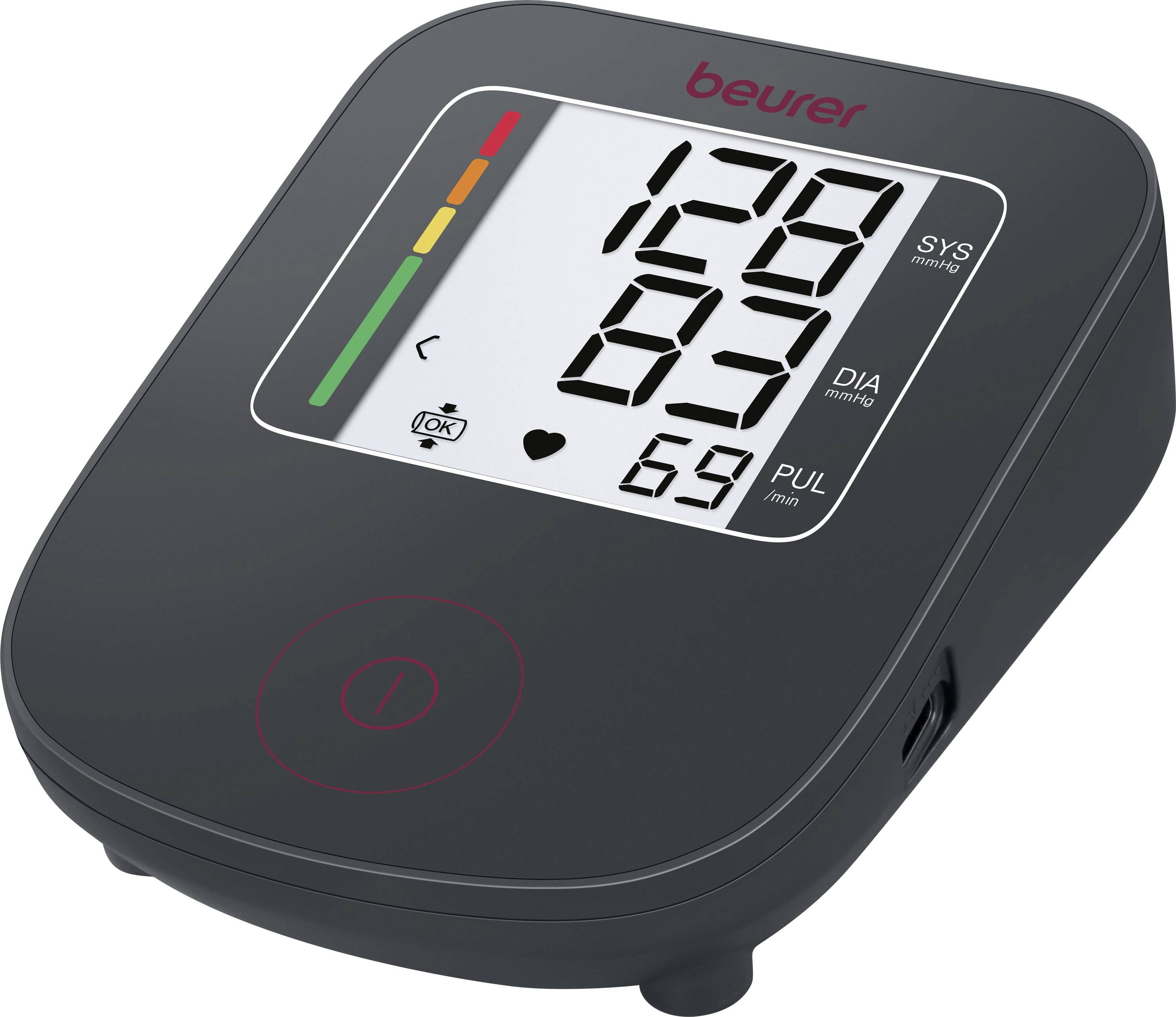 A digital blood pressure monitor displaying '129 SYS', '83 DIA', and '69 PUL' with a green, yellow, red indicator on the side.