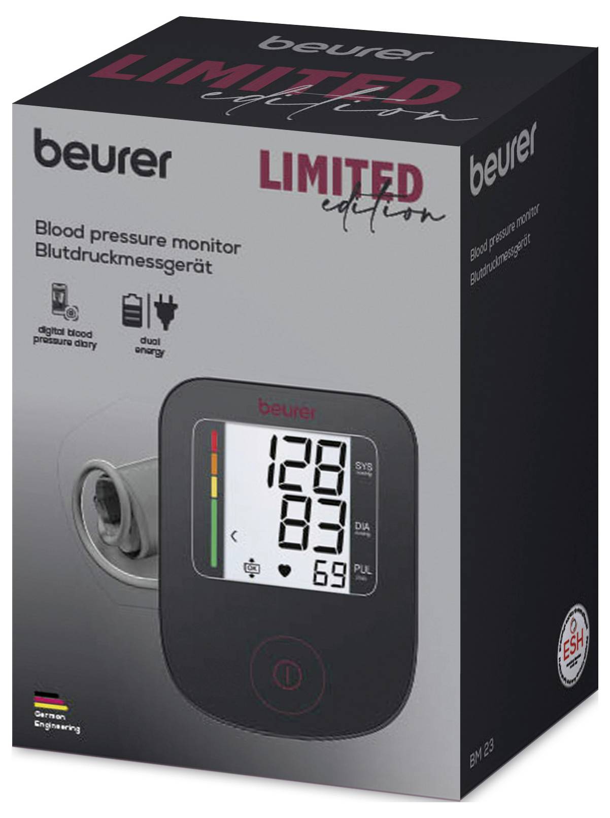 Box of a Beurer limited edition blood pressure monitor, displaying a digital screen with systolic, diastolic, and pulse readings.