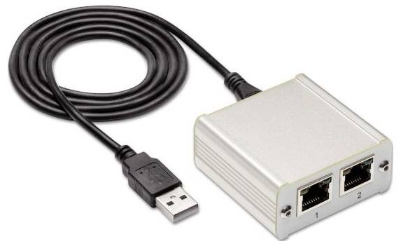 'A USB cable connects to a small device with two Ethernet ports labeled 1 and 2, used for network connections or data transfer.'