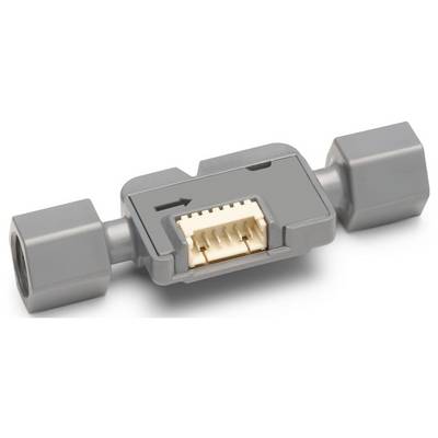 A small gray plastic connector with a terminal block in the center and an arrow indicating connection direction, used for electrical wiring.