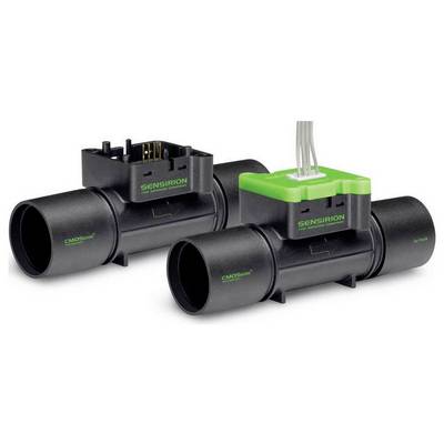 Two Sensirion flow sensors with a black cylindrical body and green top are displayed. Wires are connected to one sensor.