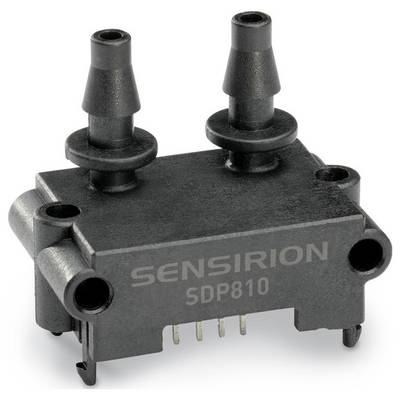 A black Sensirion SDP810 differential pressure sensor with two cylindrical nozzles and visible electrical pins.