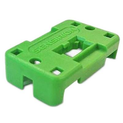 'Green Sensiron sensor mounting bracket with cutouts and branding text on top, designed for securing sensors in place.'