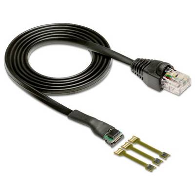 A black network cable with an RJ45 connector and three separate microchip attachments, used for data transfer in electronic devices.