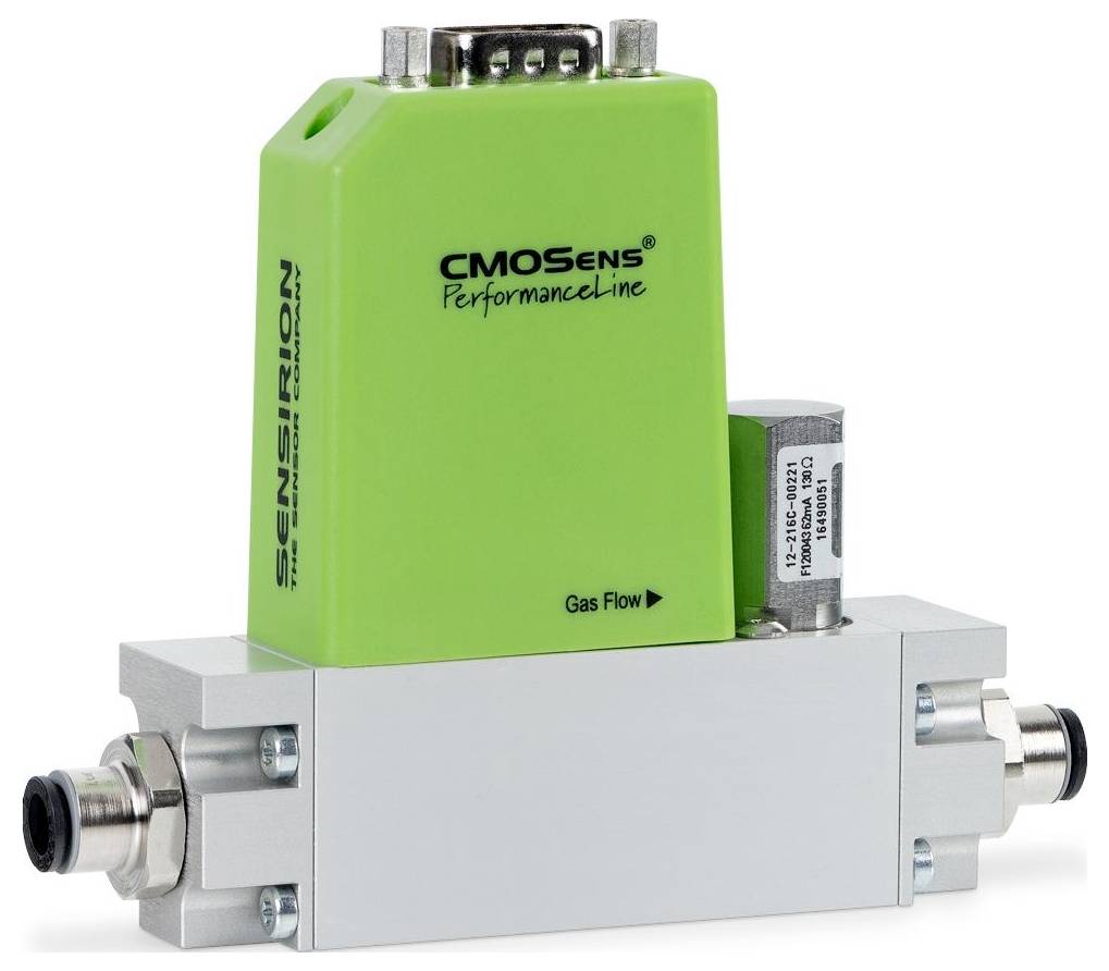 A green Sensirion gas flow sensor with labeled 'CMOSens Performance Line' on top, featuring various connectors and a metallic base.