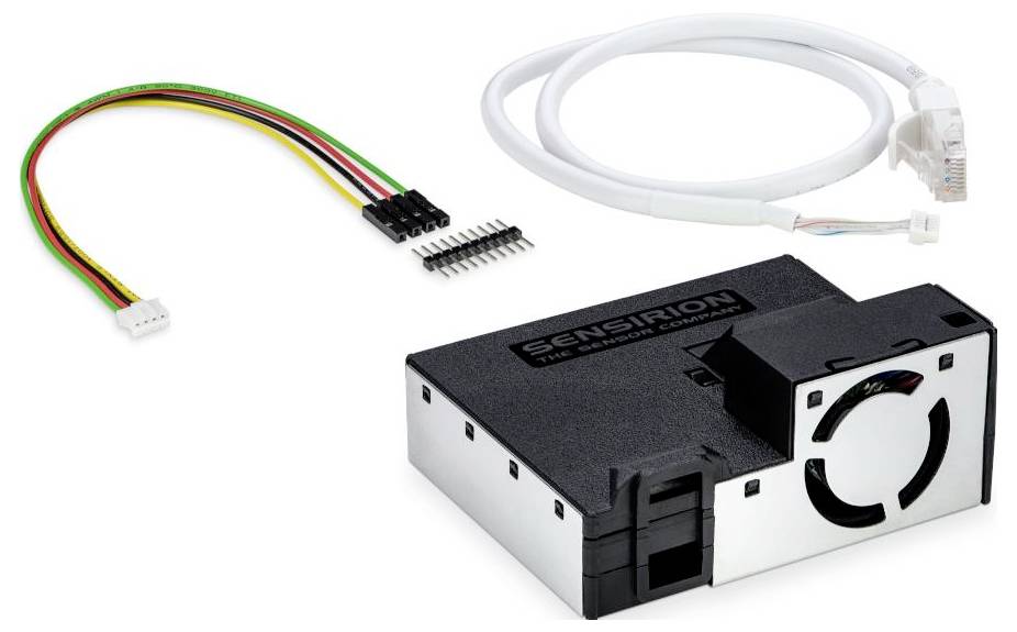 'Sensirion' sensor module with attached fan, multi-colored wiring harness, and a white Ethernet cable, designed for environmental monitoring.