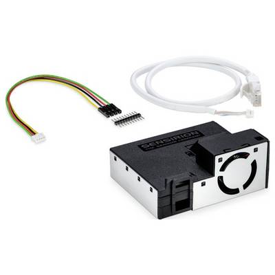 'Sensirion' sensor module with attached fan, multi-colored wiring harness, and a white Ethernet cable, designed for environmental monitoring.