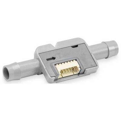 A gray plastic connector with a light-colored, multi-pin plug in the center, featuring two narrow cylindrical extensions on either end.