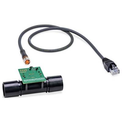 A Sensirion sensor with a green circuit board and black cylindrical tube is connected to a cable with a connector on one end and a plug on the other.