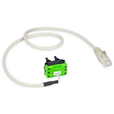 A green micro switch connected to a beige RJ45 cable, used in networking or electronic applications.