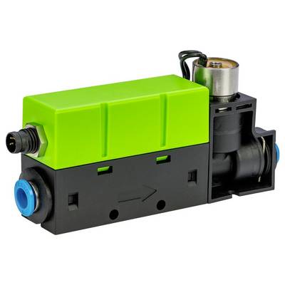 A green and black industrial solenoid valve with connection ports on each side. Used for controlling fluid flow in automated systems.