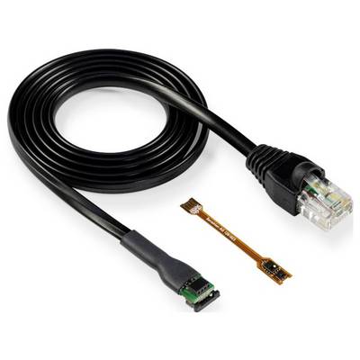 A black Ethernet cable coiled next to a small, flat electronic component with connectors and circuitry, suggesting electronic connectivity.