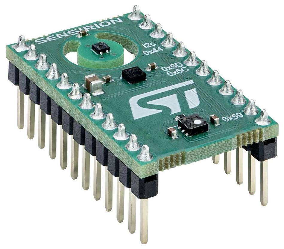 A green electronic sensor module with multiple pins and the label 'SENSORION'. It features small integrated circuits on the surface.