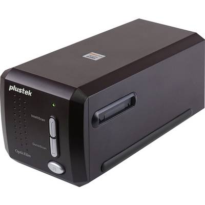A compact scanner device labeled 'Plustek OpticFilm' with buttons for 'IntelliScan' and 'QuickScan,' used for scanning film negatives.