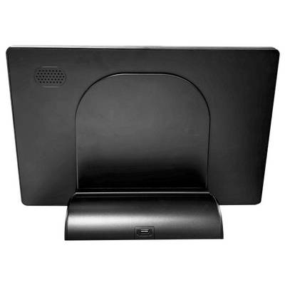 'Black electronic device with a flat, wide screen and a speaker on the upper left corner viewed from the back.'