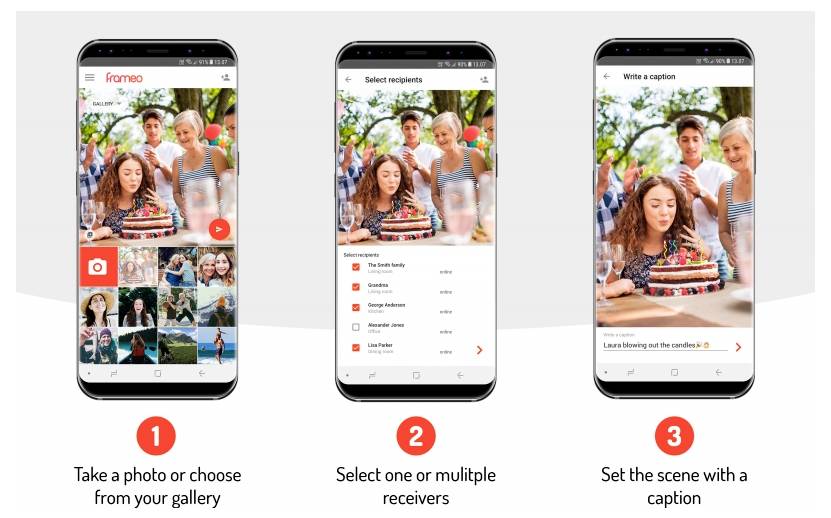 3-step process image: 1) 'Take a photo or choose from your gallery', 2) 'Select one or multiple receivers', 3) 'Set the scene with a caption'.