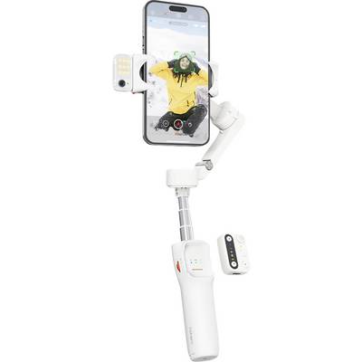 A smartphone mounted on a white stabilizer shows a person in winter attire on the screen, suggesting video recording or streaming in snowy surroundings.