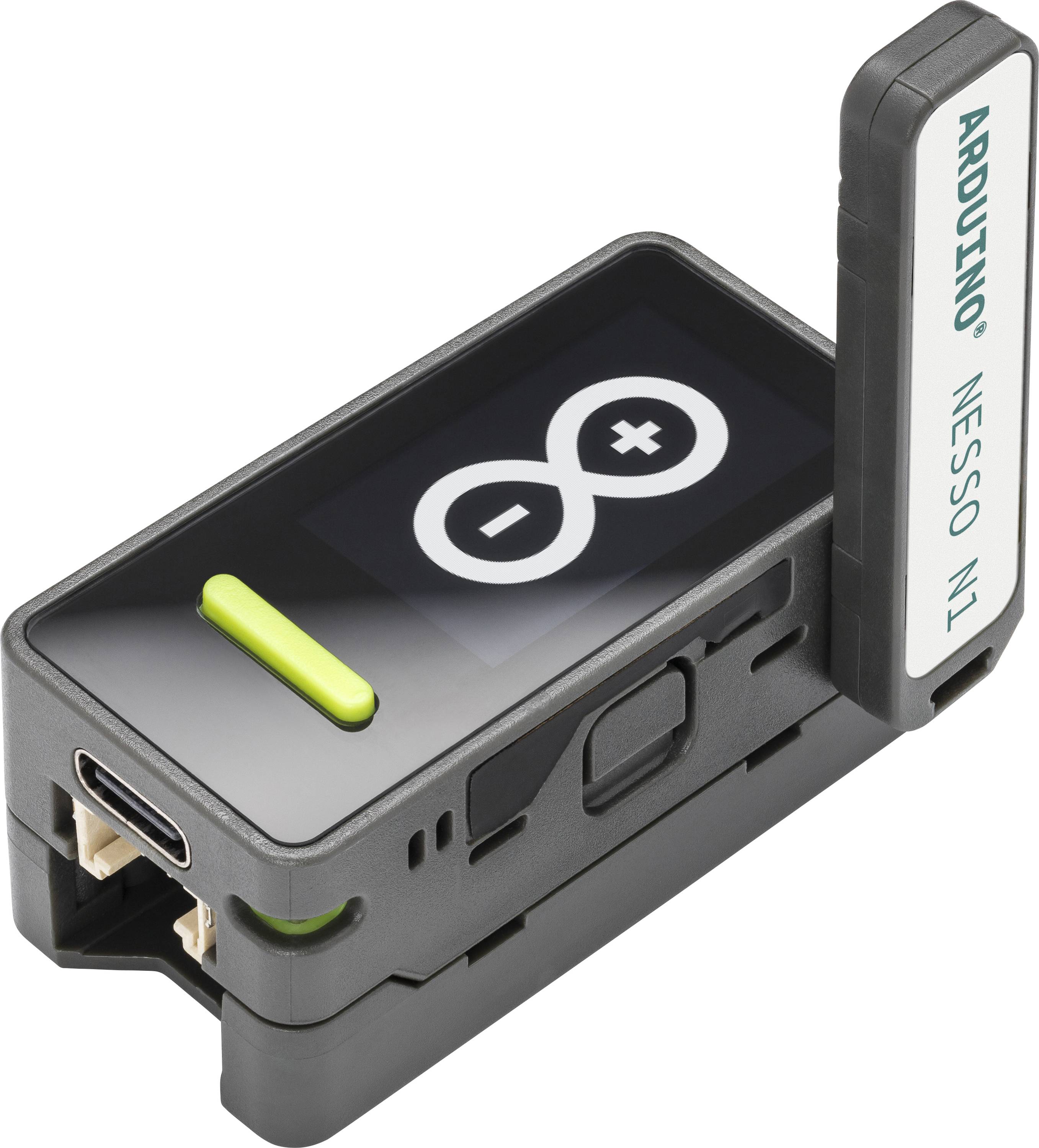 A compact electronic device with a USB-C port, displaying an infinity symbol on its screen. A detachable part labeled 'ARDUINO NESSO N1' is attached.
