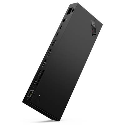 'A sleek, rectangular black docking station with various ports along the side, labeled with a small 'ThinkPad' logo.'