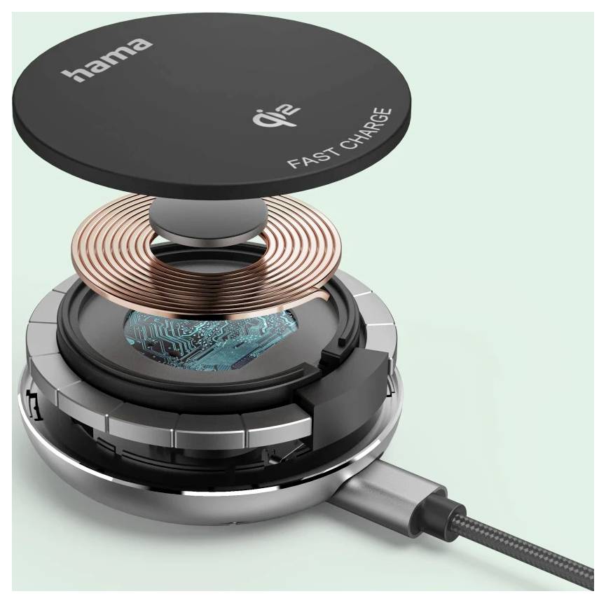 Exploded view of a wireless charger highlighting internal components like coils and circuits, showcasing its fast charging capability.