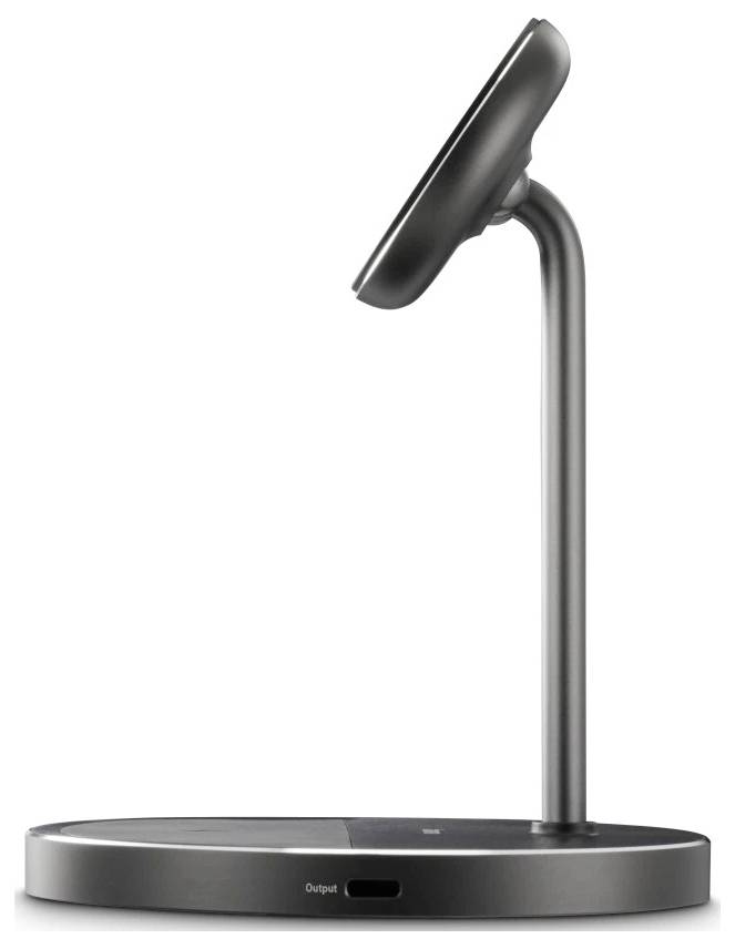 'A sleek wireless charging stand with a vertical metallic arm and circular base, designed for holding and charging electronic devices.'