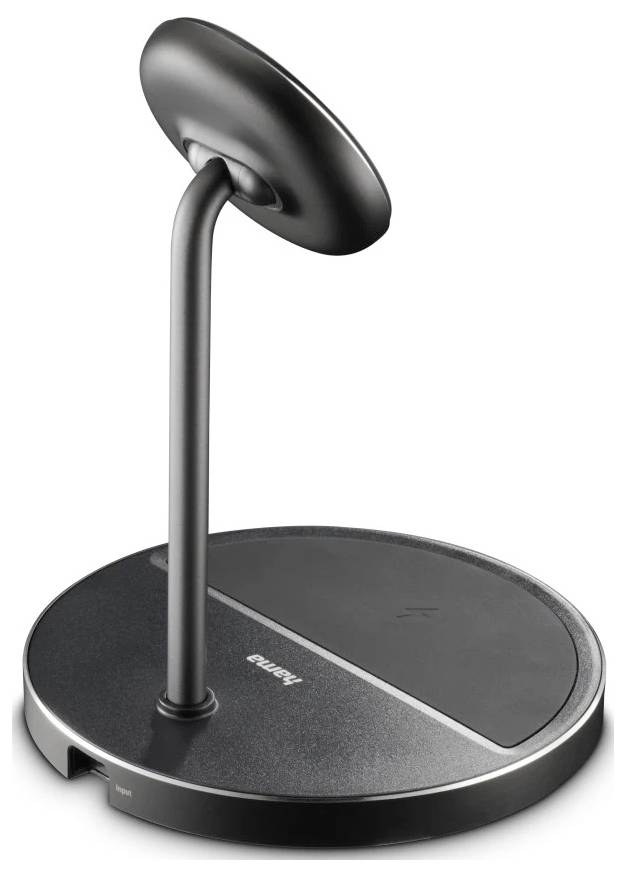Wireless charging stand with a sleek design in black, featuring a circular base and a vertical charging pad for devices.