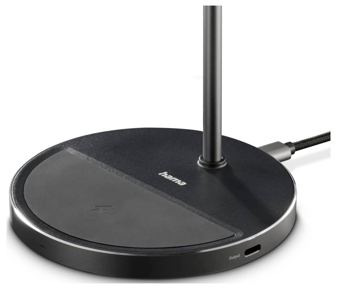 'A black Hama wireless charging stand base with an output port and an upright pole for device support.'