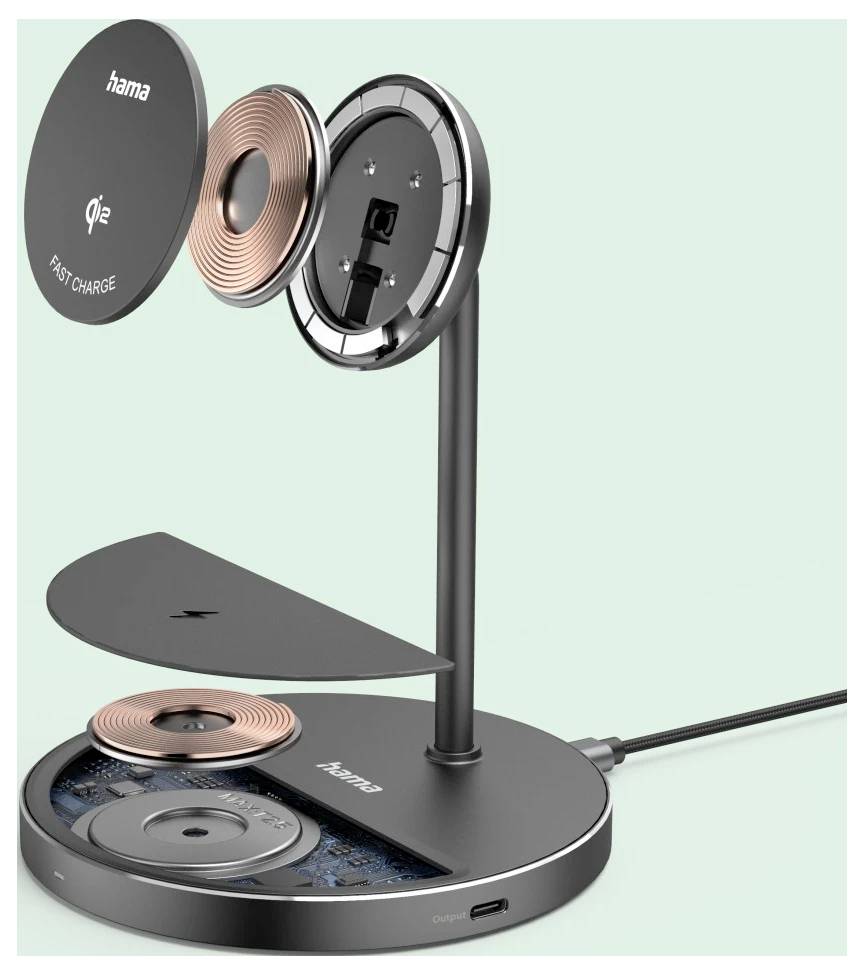 'Black Hama wireless fast charging stand with exposed internal coils, showcasing vertical and horizontal phone charging positions.'