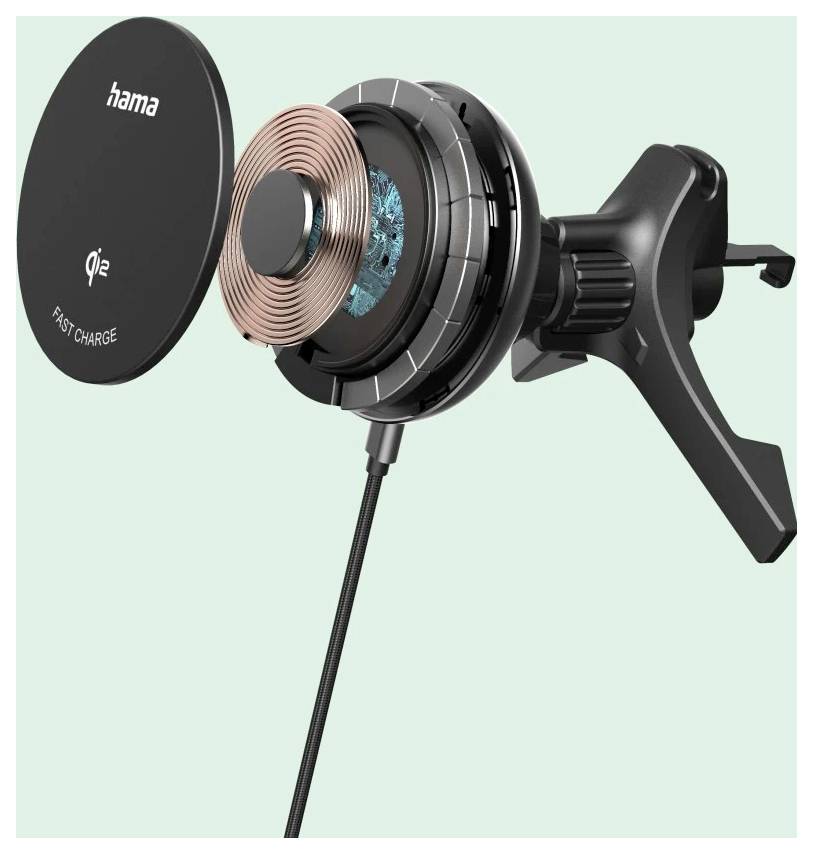 A wireless car charger with a magnet and fan, designed for air vent mounting. The illustration displays internal components, including a coil.