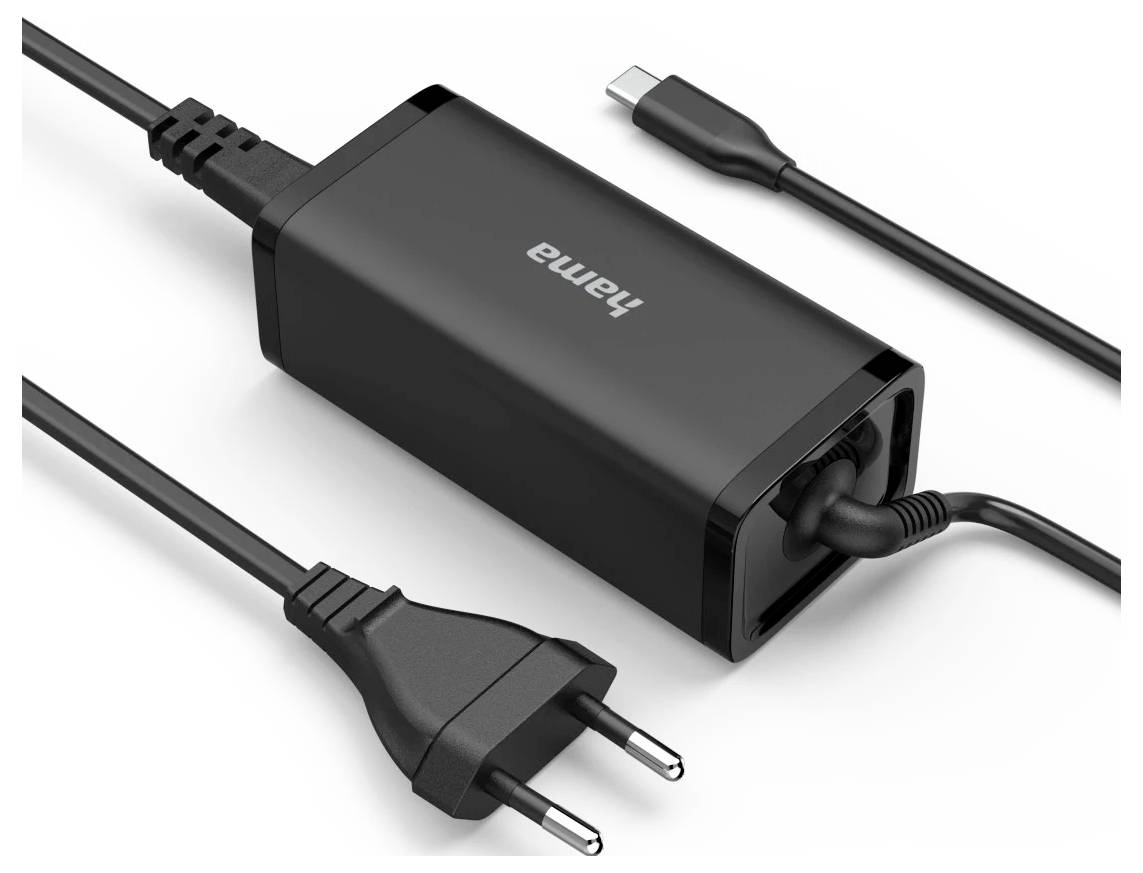A black power adapter with a European plug and a USB-C connector, labeled 'Hama', designed for charging various electronic devices.