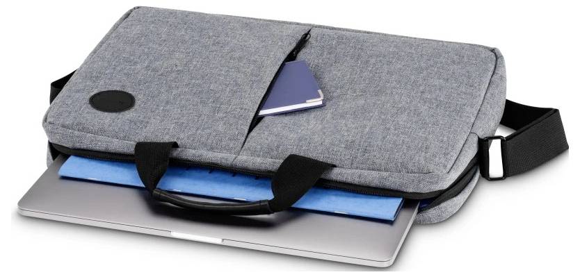 A grey laptop bag with a shoulder strap partially open, revealing a laptop, a blue folder, and a passport peeking out of the pockets.