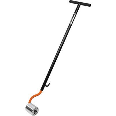 A long black handle with an orange curved end, attached to a circular metal roller. Used for applying pressure evenly over surfaces.