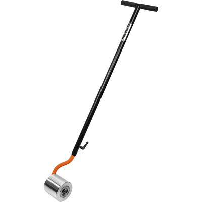 A long-handled, T-shaped vinyl floor roller with a stainless steel wheel, used for applying pressure to floor coverings for adhesion.
